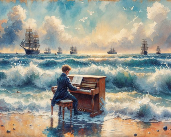 Boy Playing Piano on Beach at Sunset with Waves