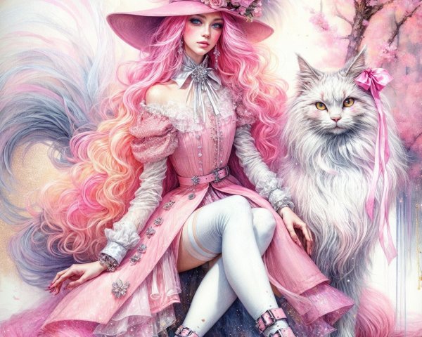 Whimsical Scene of Woman with Pink Hair and Cat