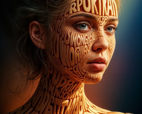 Portrait of a Woman with Textured Word Mosaic Skin