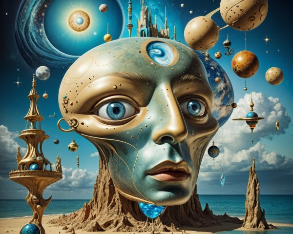 Surreal Landscape with Cosmic Elements and Towers