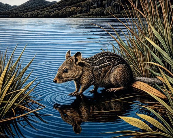 Striped Animal by Serene Lake with Reflections
