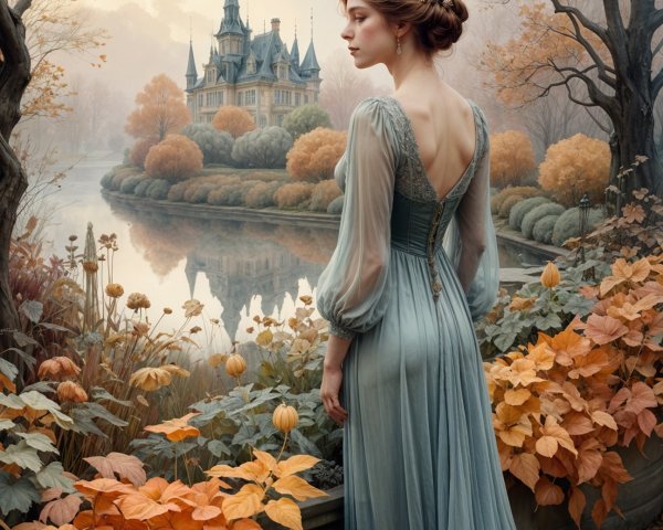 Young Woman in Elegant Gown by Autumn Lake and Castle