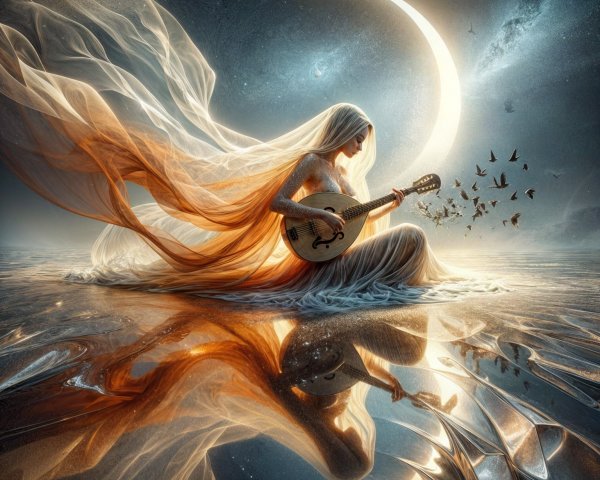 Serene figure playing lute by shimmering water