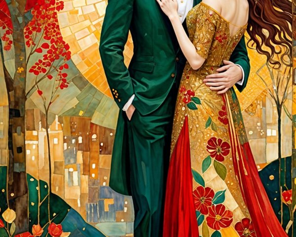 Romantic Couple in Mosaic Setting with Autumn Leaves