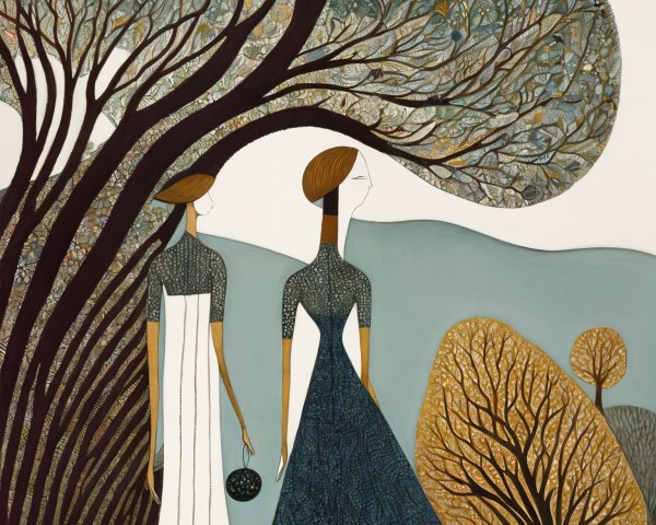 Elegantly Dressed Women Beneath Intricate Tree