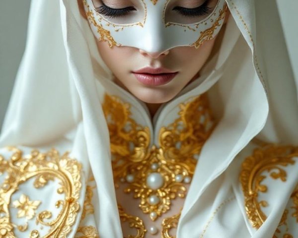 Elegant Woman in White Robe with Gold Embroidery