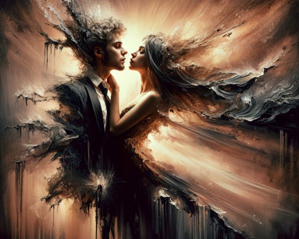 Couple in Cosmic Embrace with Textured Background
