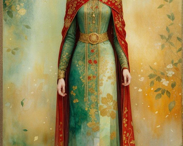 Graceful Woman in Floral Gown with Colorful Umbrella