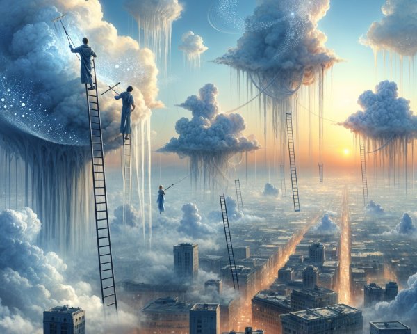 Surreal Landscape with Ethereal Figures and Clouds