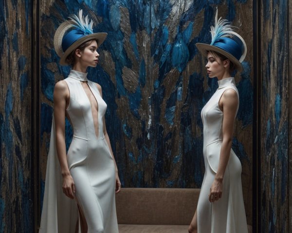 Elegant Models in White Gowns with Glamorous Hats