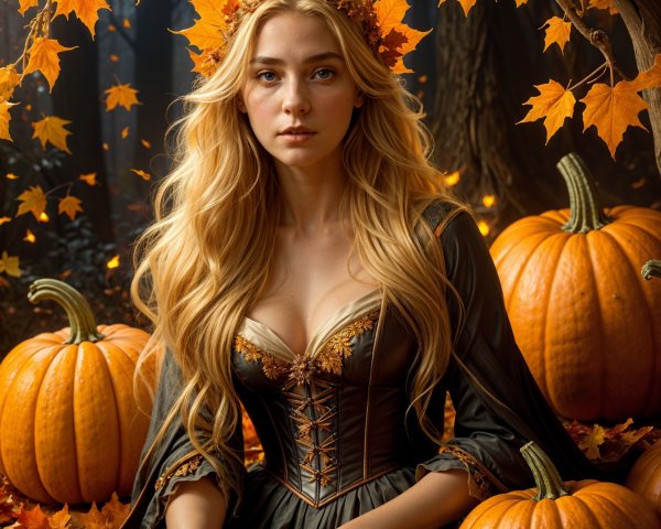 Young Woman in Elegant Dress Surrounded by Pumpkins