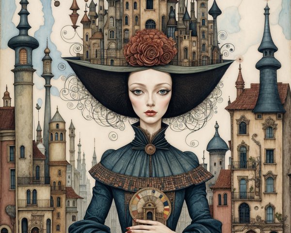 Portrait of a Woman with a Cityscape Hat and Dress
