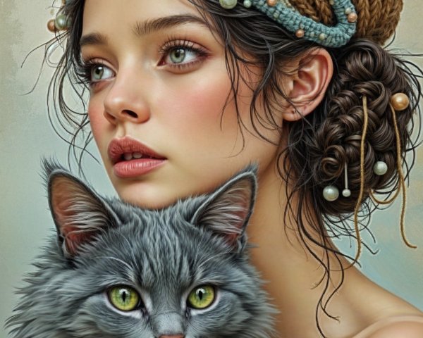 Young Woman with Green Eyes and Gray Cat Portrait