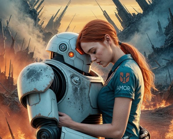 Post-Apocalyptic Scene with Woman and Futuristic Robot