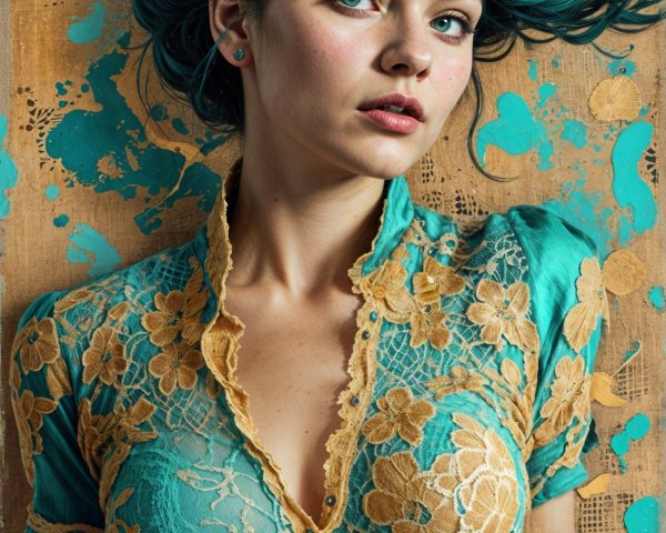 Portrait of a Young Woman with Turquoise Hair and Floral Accents