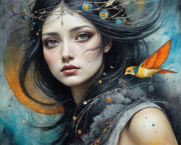 Portrait of a Young Woman with Flowing Black Hair