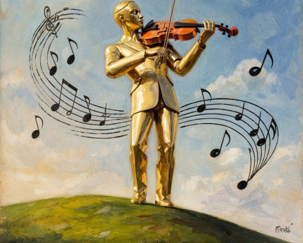 Golden Violinist Statue on Grassy Hill with Notes