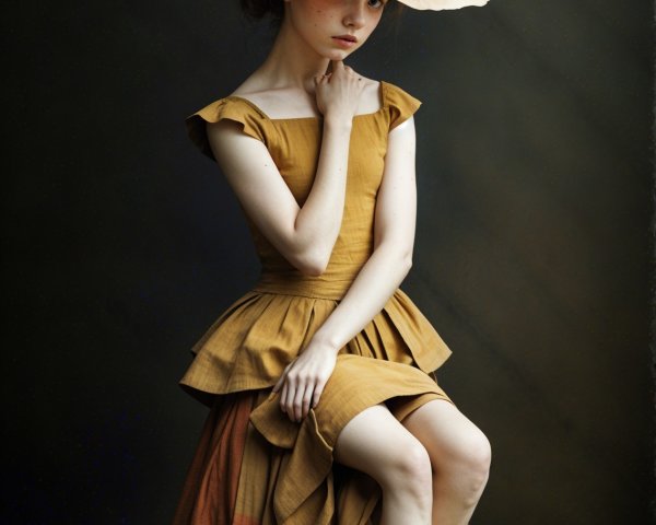 Young woman in mustard dress with oversized poppy headpiece