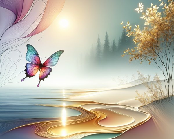 Serene Landscape with Pastel Dawn and Butterfly