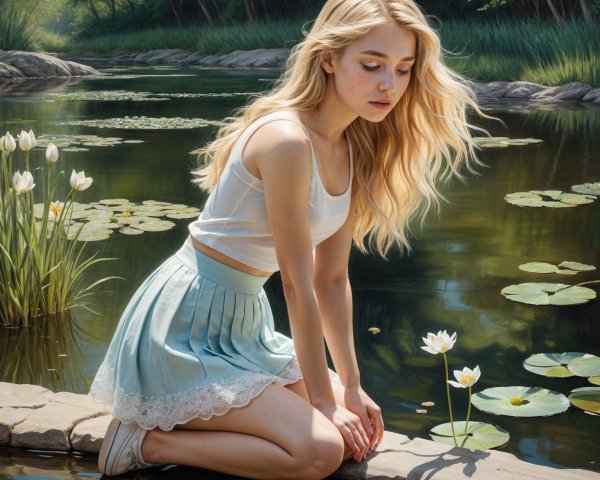 Young Woman by Serene Pond with Water Lilies