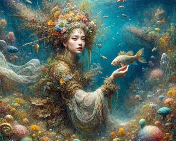 Mystical Underwater Scene with Serene Figure and Fish