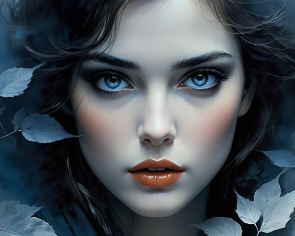 Portrait of a Young Woman with Blue Eyes and Leaves