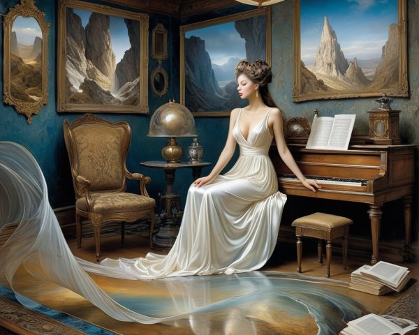 Whimsical Room with Woman, Piano, and Dramatic Art