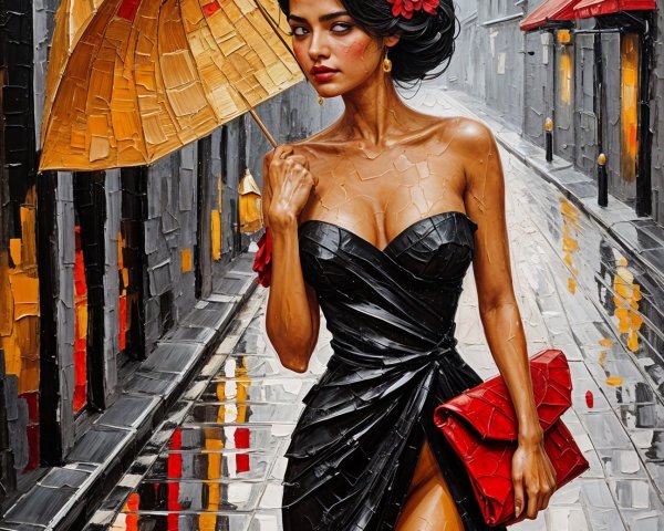 Stylish Woman with Yellow Umbrella on Rainy Street