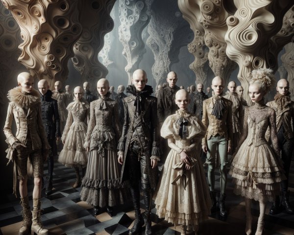 Elegantly Dressed Figures in Surreal Space Setting