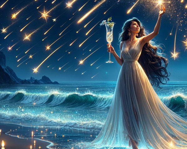 Serene Ocean Night Scene with Woman in White Gown