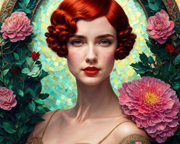 Portrait of a Woman with Red Hair and Floral Dress