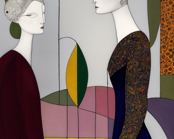 Elegant Figures in Abstract Landscape with Moon