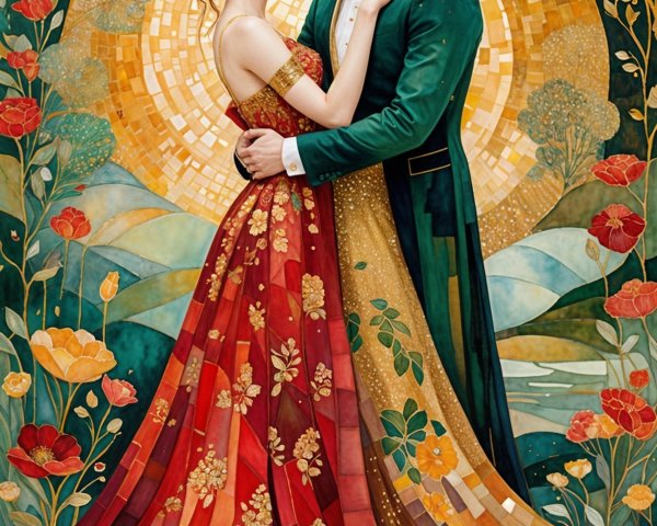 Couple in Elegant Embrace with Floral Motifs