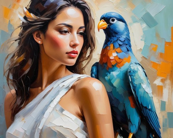 Portrait of a Confident Woman with Vivid Bird Companion