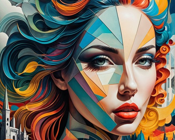 Vibrant Abstract Portrait of a Woman with Geometric Shapes