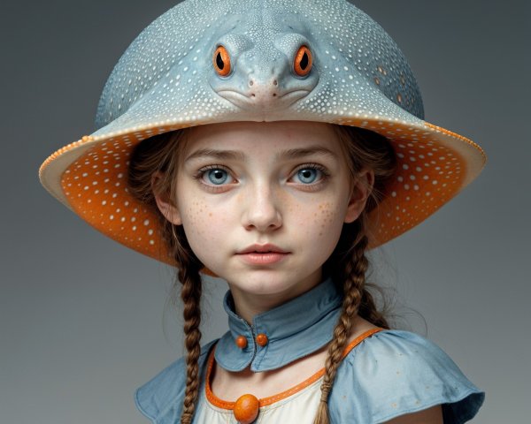 Young girl in stingray hat with vintage dress