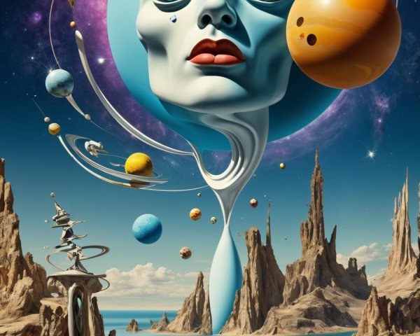 Surreal Landscape with Cosmic Elements and Waterway