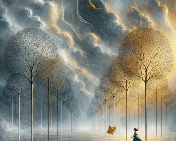 Dreamy Landscape with Trees and Child in Blue Dress