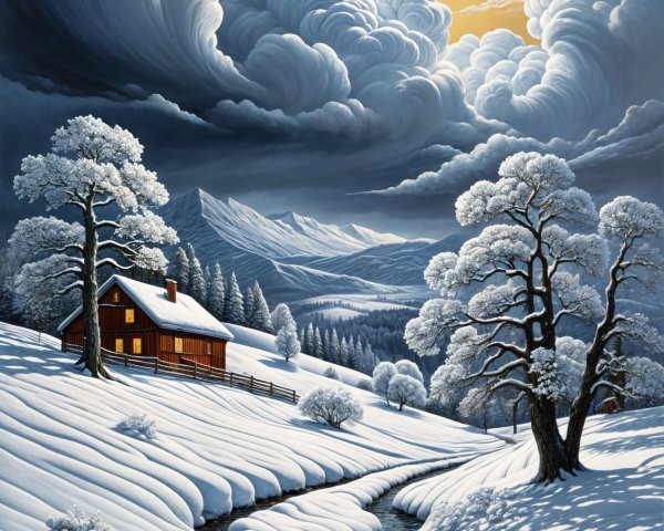 Serene winter landscape with moonlit cabin and hills