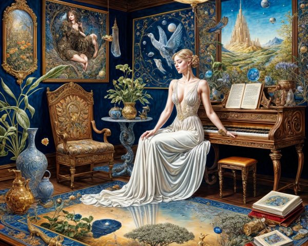 Elegant Woman in White Gown at Grand Piano