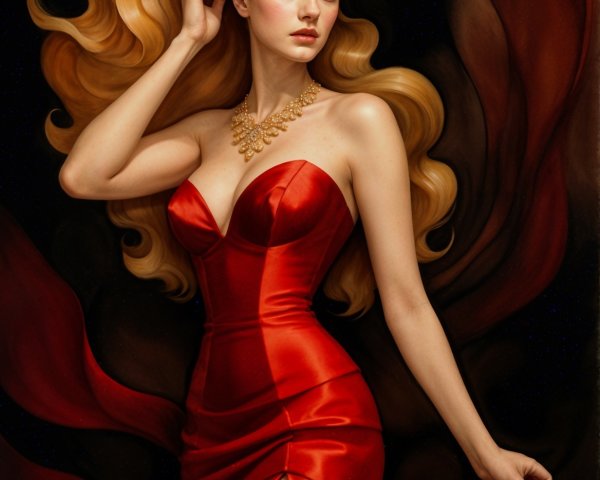 Elegant Woman in Red Gown with Golden Hair