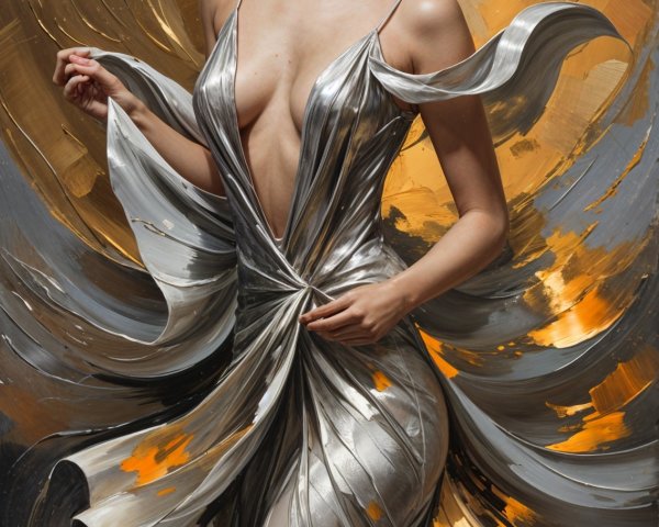 Elegant Woman in Silver Gown with Dynamic Background