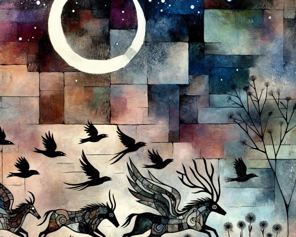 Mystical Landscape with Horses and Crescent Moon