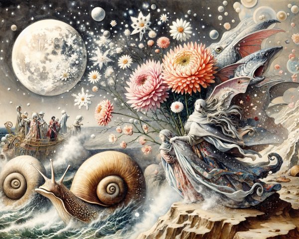 Mystical Landscape with Moon and Whimsical Elements