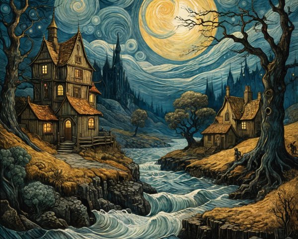 Whimsical Night Landscape with Illuminated House and River