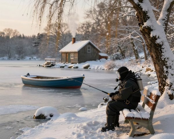 Diver in Suit Fishing by Frozen Lake and Cabin