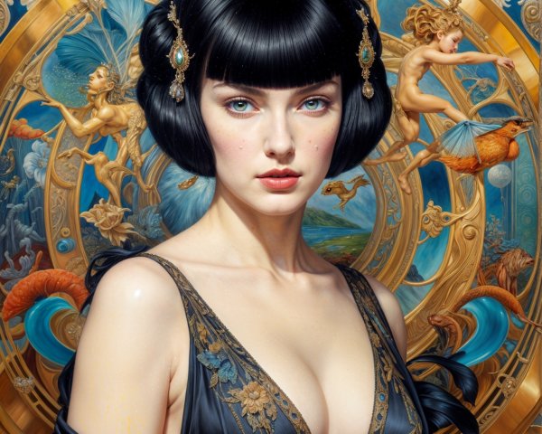 Serene Woman in Dark Gown with Mythical Background