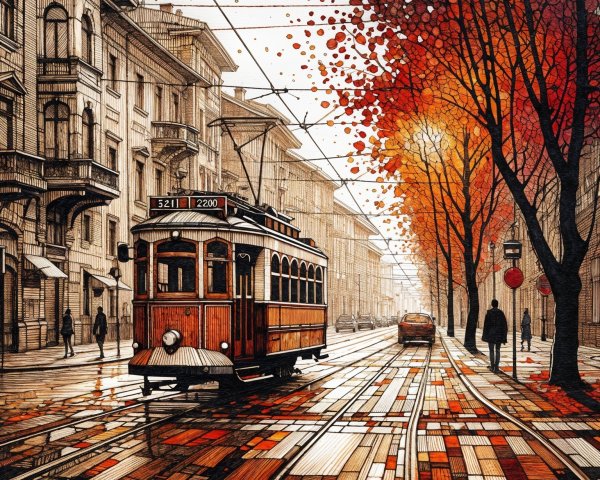 Vintage Tram on Cobblestone Street in Autumn