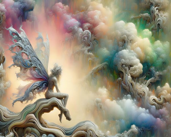 Woman with Butterfly Wings in Dreamlike Landscape