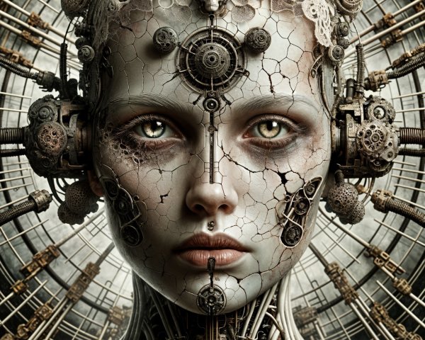 Futuristic Robotic Female Face with Clockwork Elements
